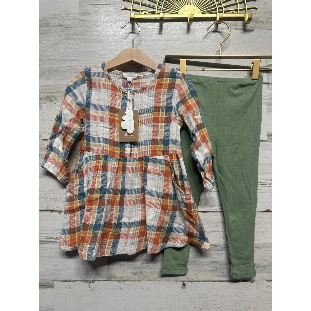 Angel Dear Tunic Leggings Set Girls 3T Autumn Fall Green Orange Plaid Muslin NWT
